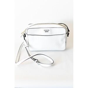 GUESS White Embossed Logo Crossbody Camera Bag Silver Tone Hardware White